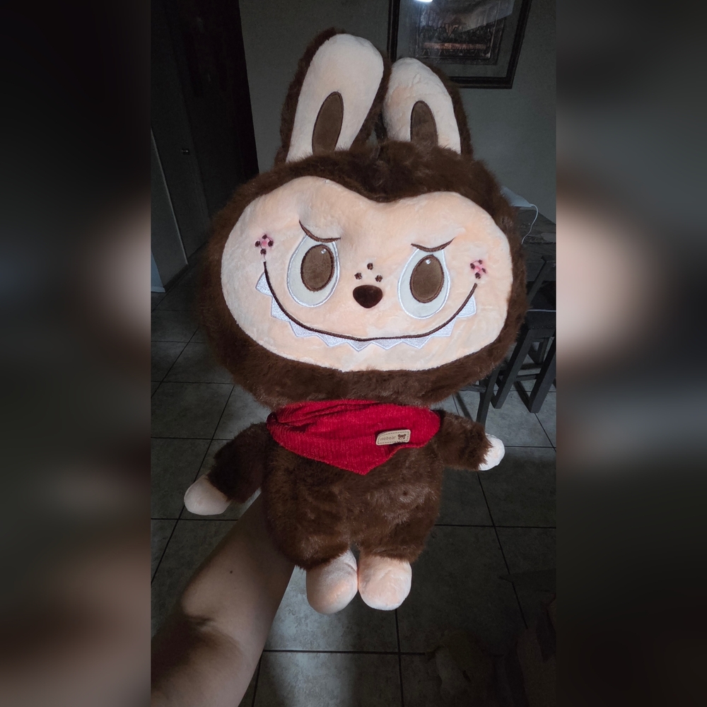Brown Plush Labubu with Red Scarf